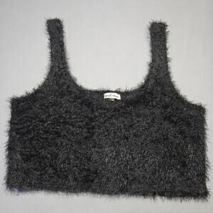 Derek Heart Black Fuzzy Crop Top Tank Halter Stretch Scoop Neck Women's Size L